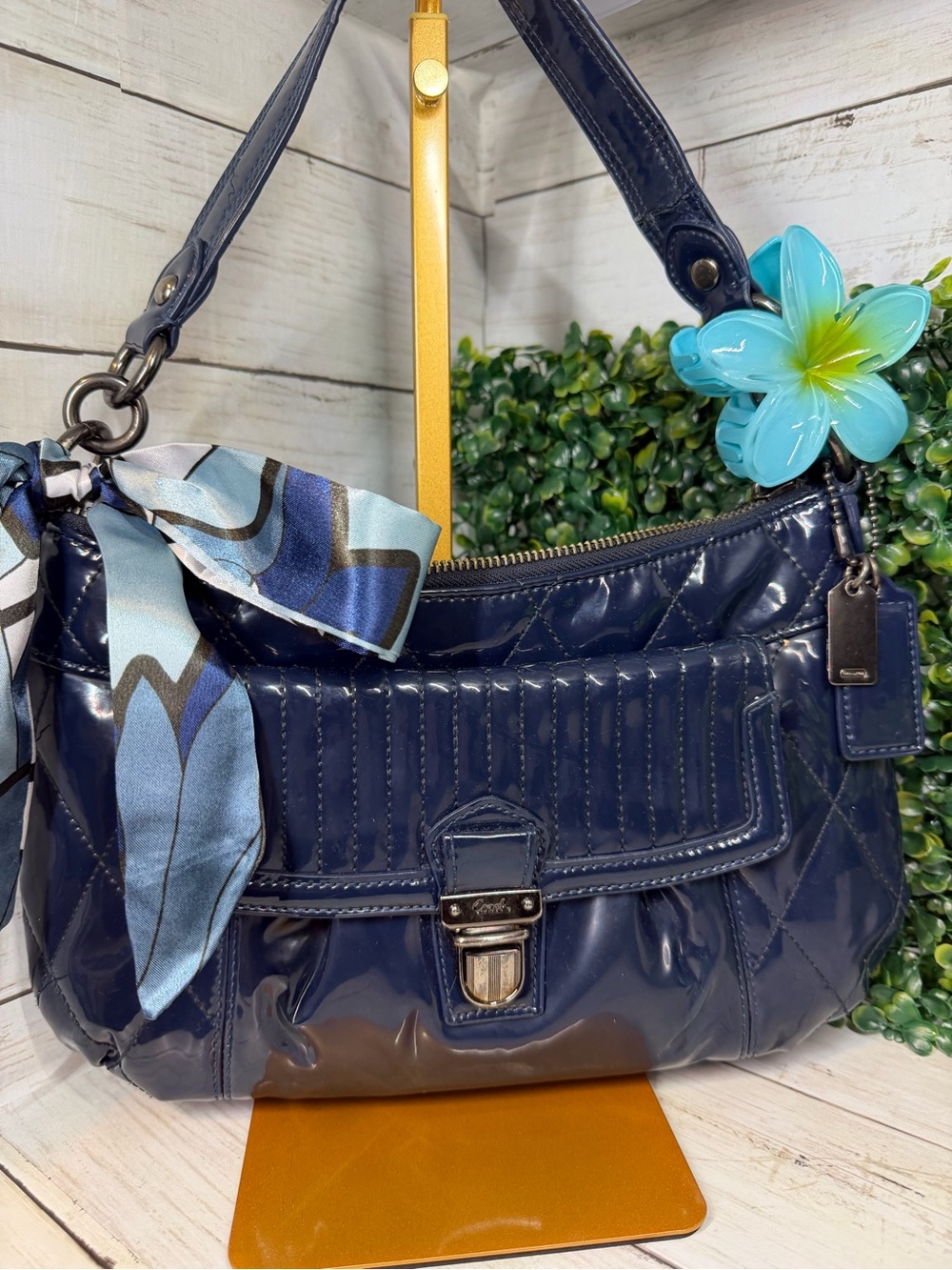 Coach Navy Patent Leather Shoulder Bag with Blue Scarf